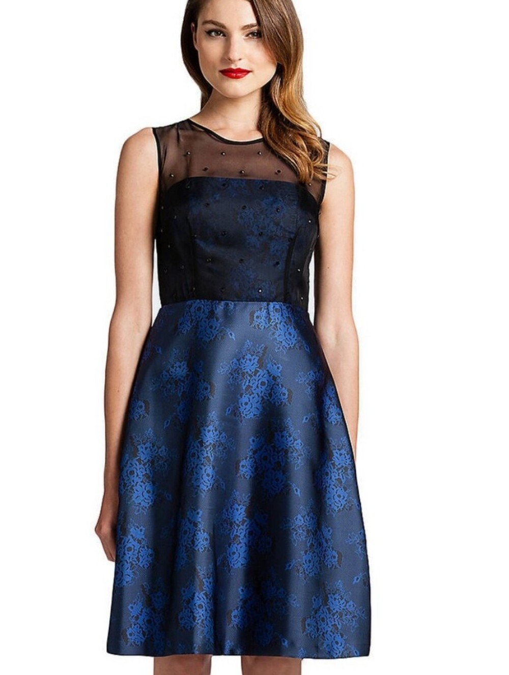 Cynthia Steffe Black Sheer Bodice Navy Floral Midi Dress
